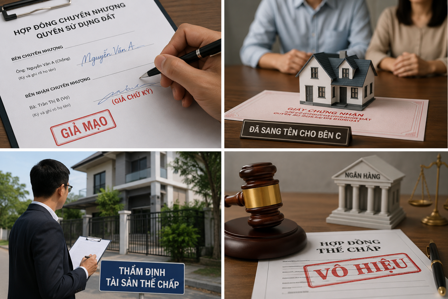 Four-stage illustration of the forged signature, registration, property appraisal and invalid mortgage